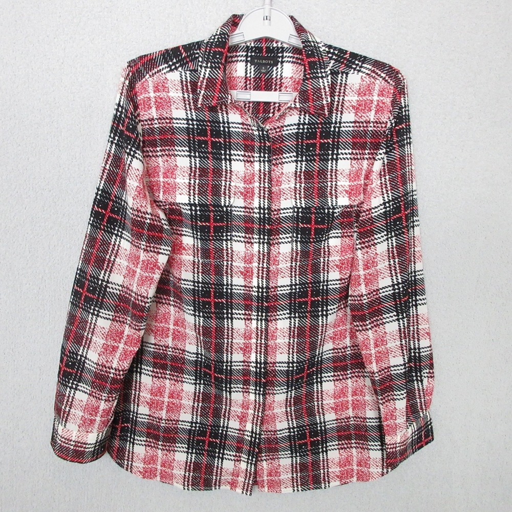 Talbots Long Sleeve Button Up Shirt‎ Top Red Black Plaid White Women's Size S